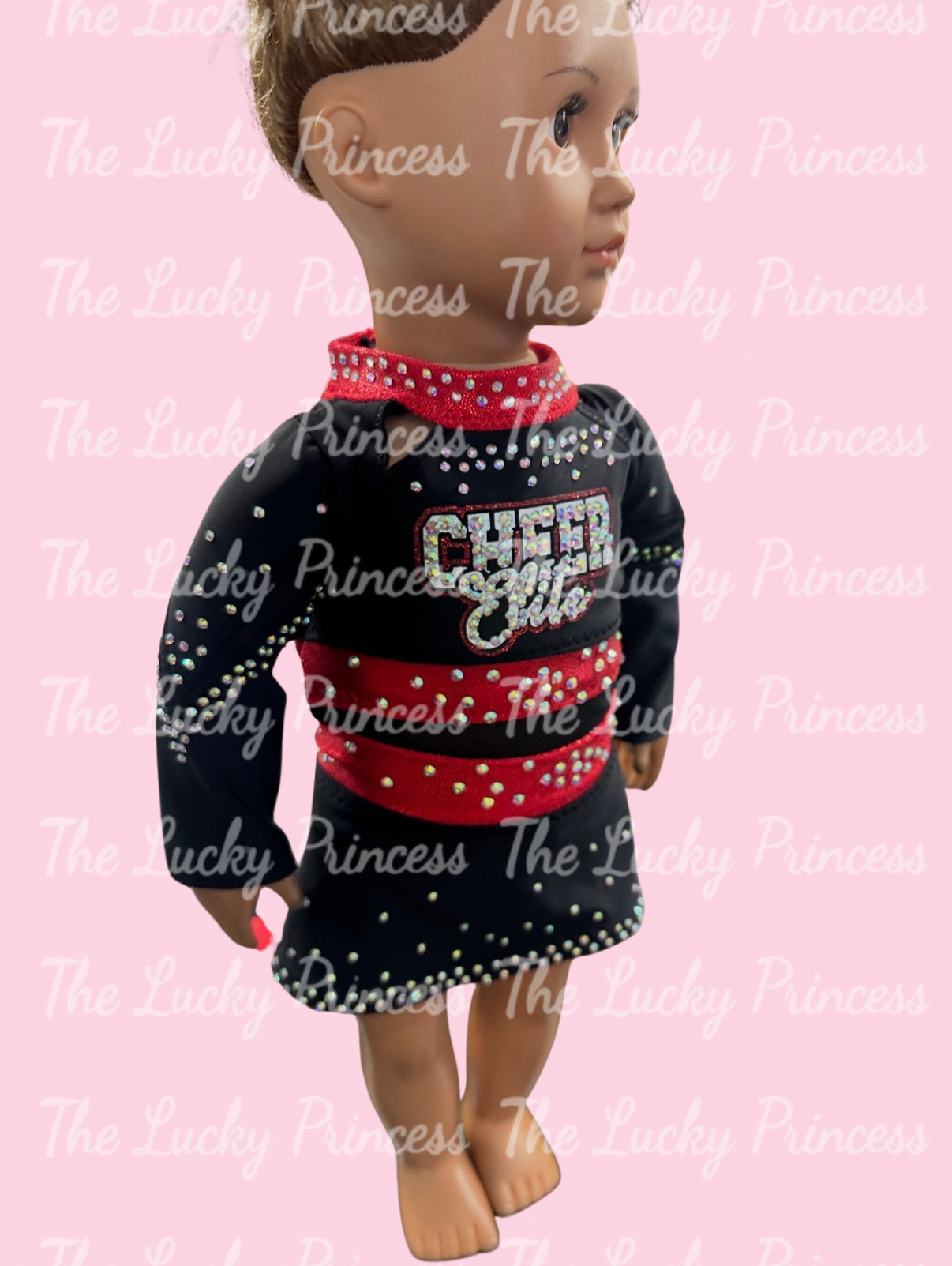Custom CHEER ELITE uniform for American Girl red black matching match 18” logo bling and mesh