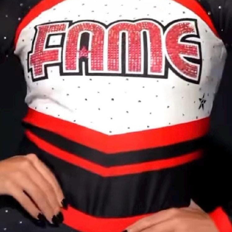 Custom 2027 FAME novice cheer uniform for American girl 18” doll made to match present gift red black