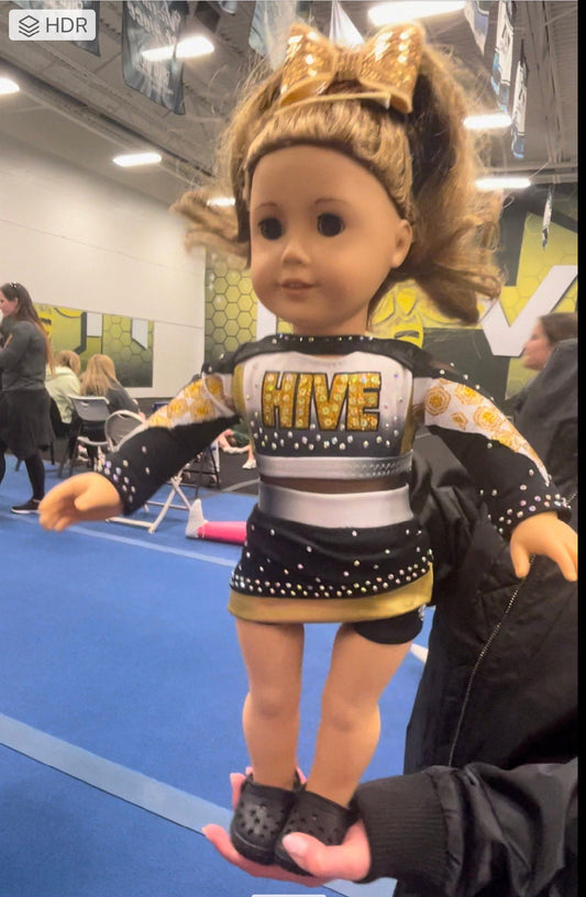 2024 HIVE matching cheer uniform for American girl doll 18”  - front and shorts logos with stones, mesh