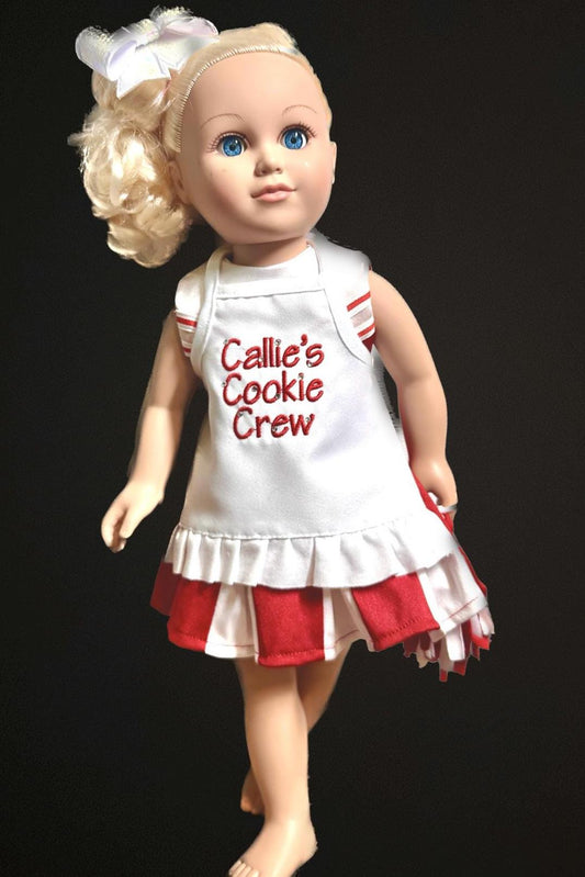 Custom embroidered holiday doll apron for American girl or any 18” doll baking cookies