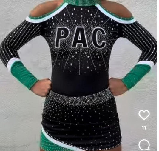 Custom Platinum athletic cheer uniform for American Girl PAC bulk team pricing green black matching match 18”