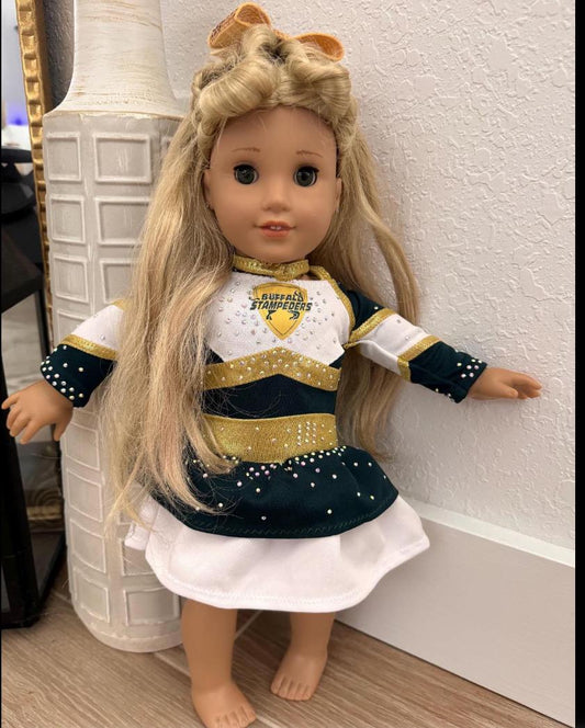 Buffalo Stampeders cheer uniform for American girl doll 18” - front logos with stones, two tier skirt and bow
