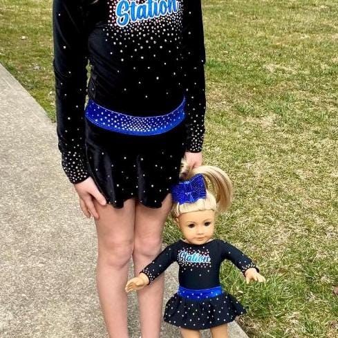 2025 Tumble Station Allstar cheer uniform for American girl doll 18”  - front logo with stones full skirt