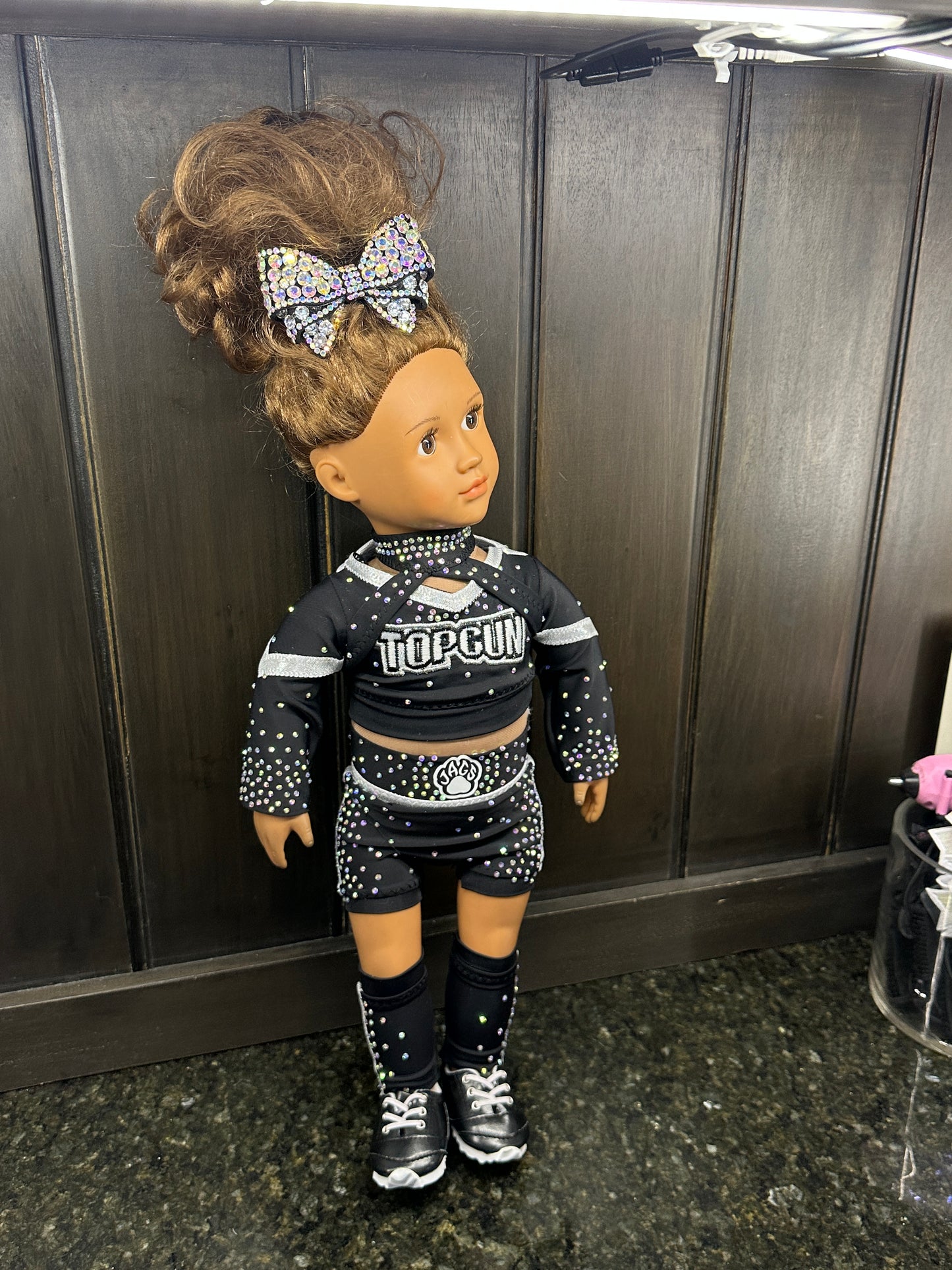 Elite 2026 Embroidered black silver Top gun cheer uniform for 18” American girl doll
