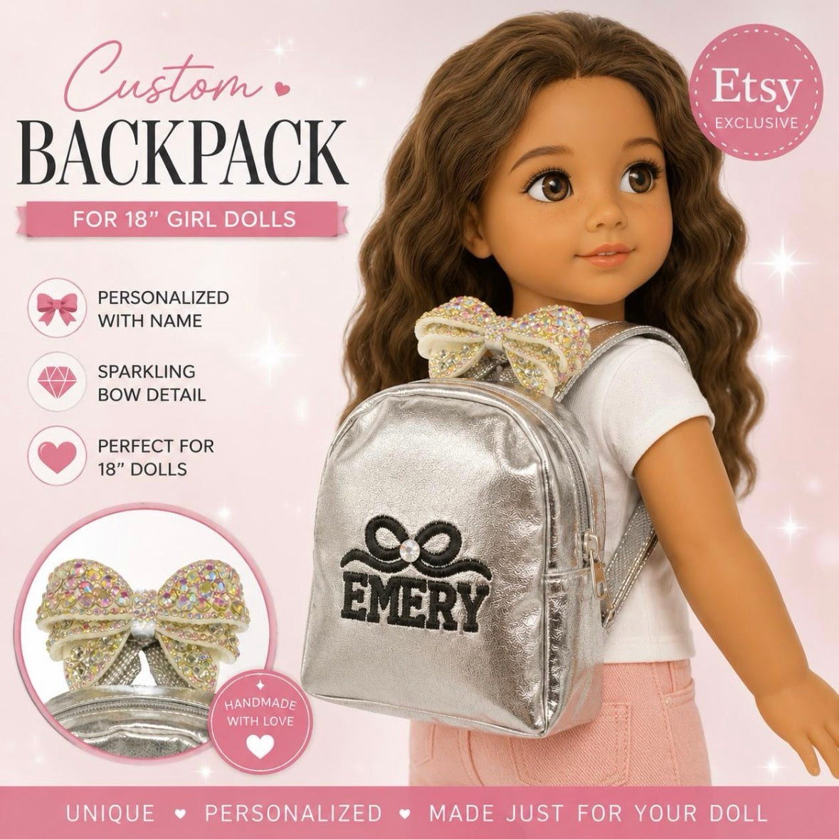 Silver metallic embroidered Shimmer Backpack for 18" doll rhinestone ab bow