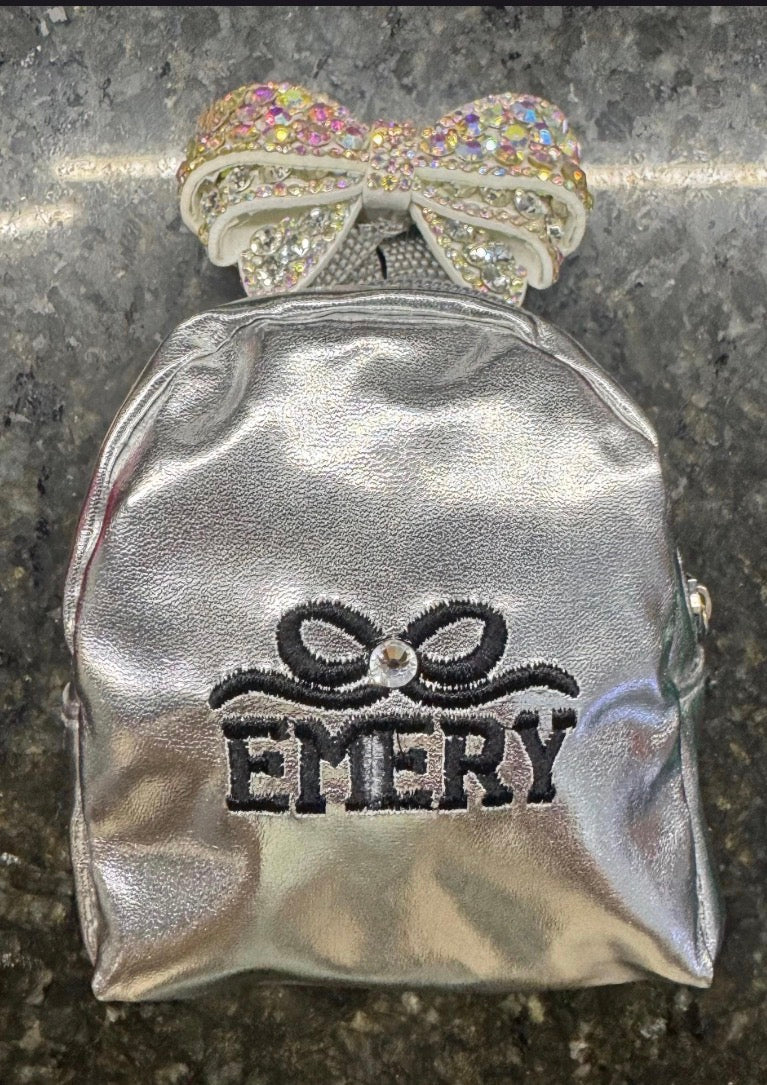 Silver metallic embroidered Shimmer Backpack for 18" doll rhinestone ab bow