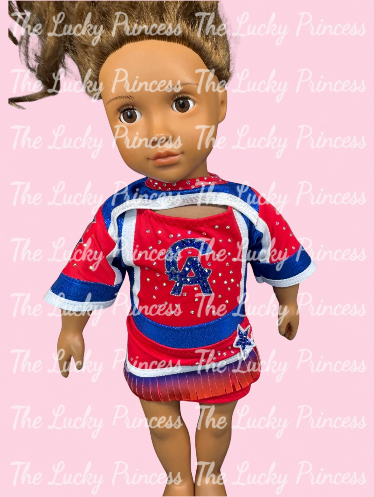 Custom Cheernastics w ombre two logos with bow for any 18' doll
