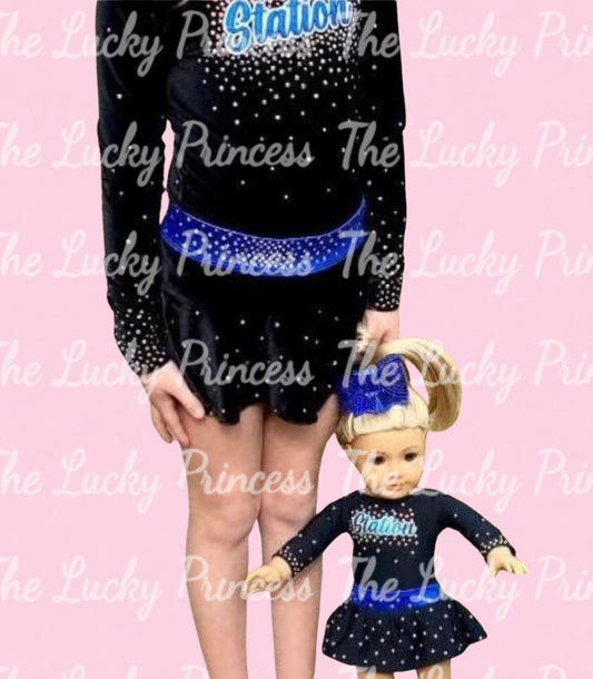 Tumble Station Allstar cheer uniform for American girl doll 18”  - front logo with stones full skirt