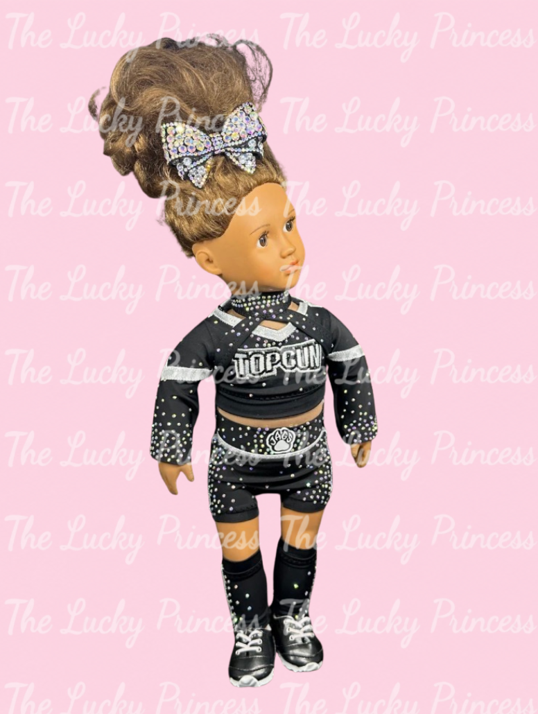 Elite 2026 Embroidered black silver Top gun cheer uniform for 18” girl doll made in American