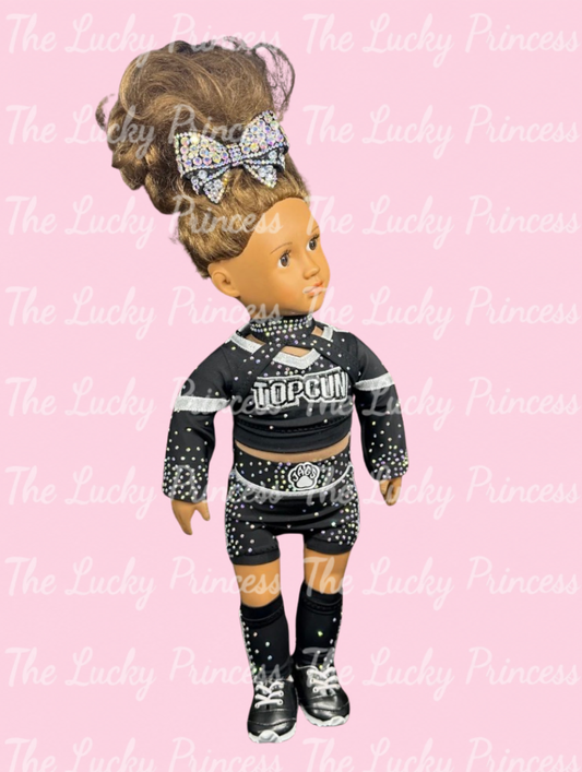 Elite 2026 Embroidered black silver Top gun cheer uniform for 18” girl doll made in American