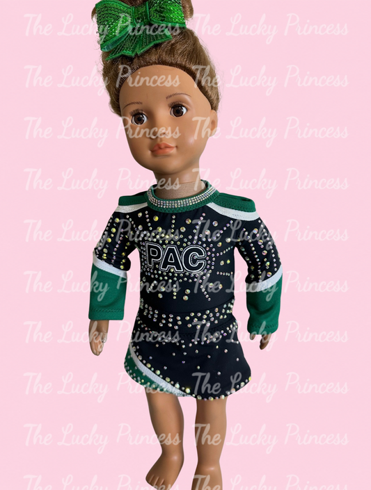 Custom Platinum athletic cheer PAC uniform for American Girl PAC bulk team pricing green black matching match 18”
