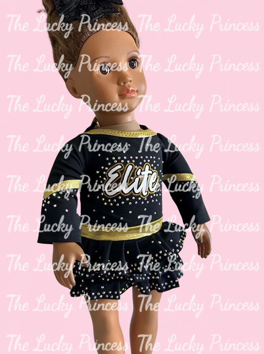 Elite gold trimmed with ruffled skirt - includes bow cheer uniform for American girl doll 18”