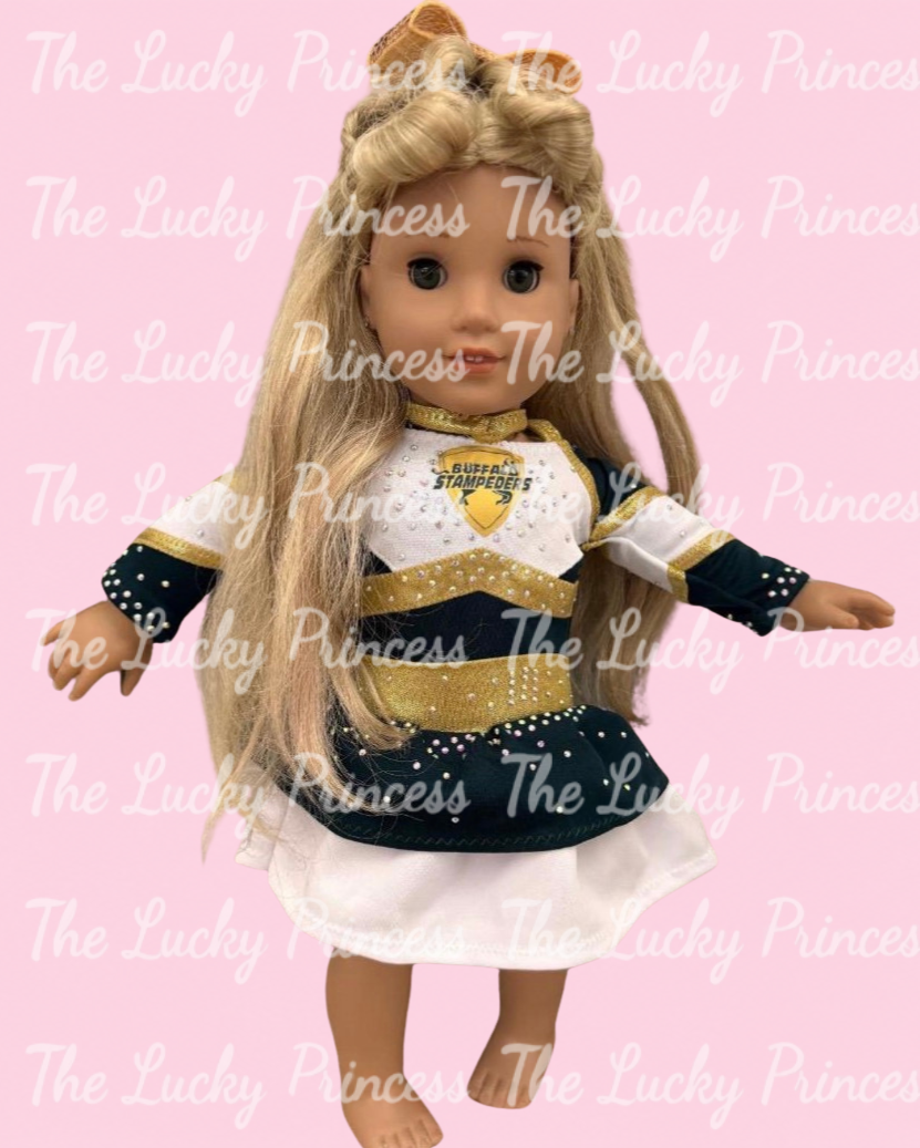 Buffalo Stampeders cheer uniform for American girl doll 18” - front logos with stones, two tier skirt and bow