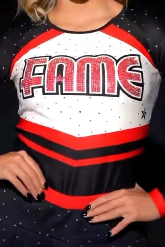 Custom 2025 FAME novice cheer uniform for American girl 18” doll made to match present gift red black