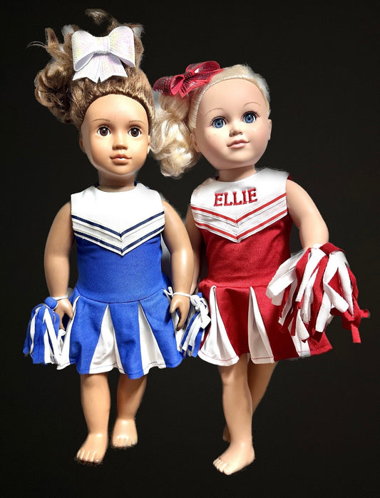 Custom Cheer Uniform for any 18” doll American Girl made to match cheerleader gift red royal navy blue white pleated skirt with bow and Poms