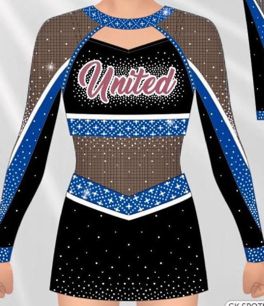 United cheer uniform 2 logos wirh rhinestoning *with black mesh* for American girl doll 18” team pricing