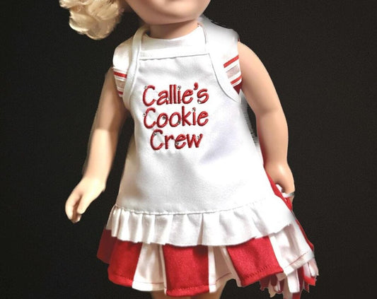 Custom embroidered holiday doll apron for American girl or any 18” doll baking cookies